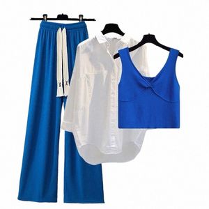 Printemps et été 2024 Nouvelle chemise blanche Gilet bleu Pantalon à jambes larges Ensemble trois pièces de survêtement pour femmes élégantes Tenues décontractées E8pP #