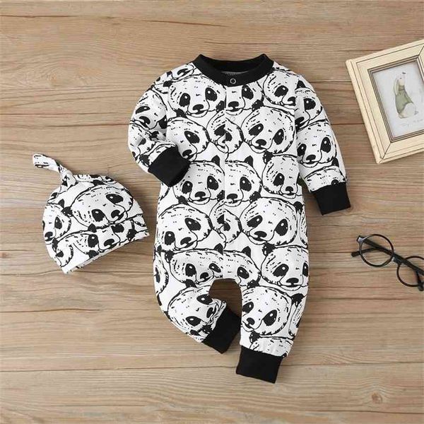 Printemps et été automne bébé panda imprimé combinaison à manches longues avec chapeau ensemble pour garçon 210528