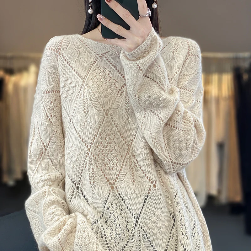 Spring and summer cashmere sweater thin pullover women's knitted hollow-out O-neck women's 100% pure wool sweater New products