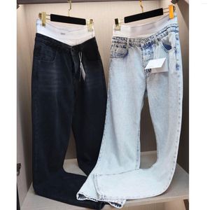 Jeans de doble cintura elástica de primavera y verano Botón personalizado Pantalones rectos