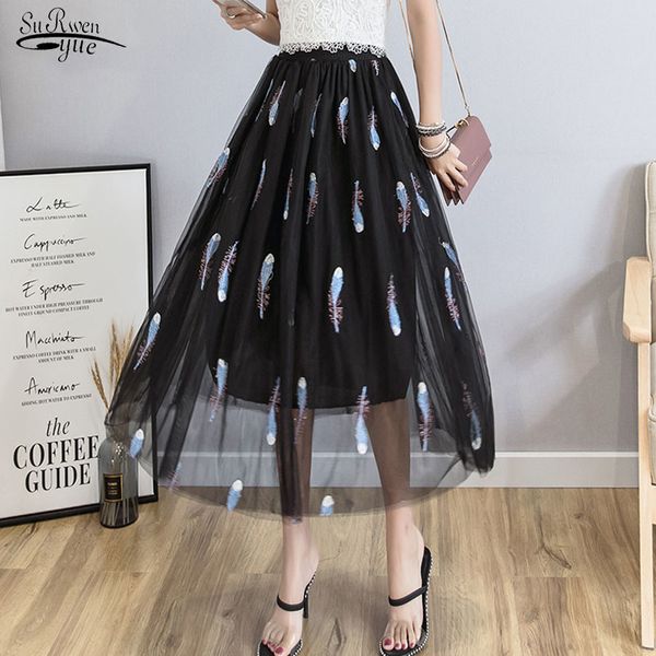 Falda tutú de tul de hada del sudor elegante de primavera y verano falda midi negra faldas de plumas bordadas de encaje coreano 9588 210427