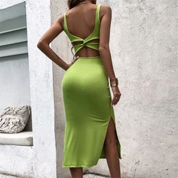Lente en zomer Europese Amerikaanse dameskleding sexy backless spleet slanke tas hip mid-lengte vest jurk w220421