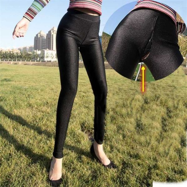 Printemps et été Invisible Zipper Open Crotch Ice Soie Leggings Montrer l'intérêt des femmes pour la commodité extérieure Pantalon ouvert Sexy 211215