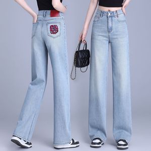 Lente en zomer lichtgekleurde jeans Nieuwe hoge taille denim breed poten broek vrouwelijk borduurwerk losse dunne broek drapebuisbroeken