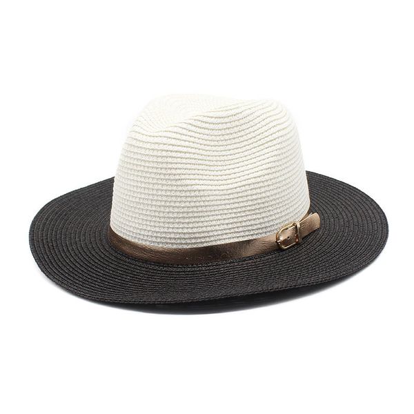 Printemps et été nouveau chapeau haut de forme bicolore cousu, chapeau de paille Panama ombre protection solaire chapeau de plage femme été jazz chapeau tendance