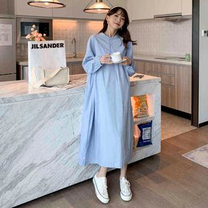 Printemps Et Été Femmes Enceintes Robe Lâche Bleu Maternité Coton Robes Avec Poches Plus La Taille Femme Vêtements En Gros J220628