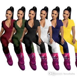 Printemps et été femmes combinaisons Designer 2023 nouvelle couleur unie serré à manches courtes à glissière une pièce pantalon barboteuses 6 couleurs