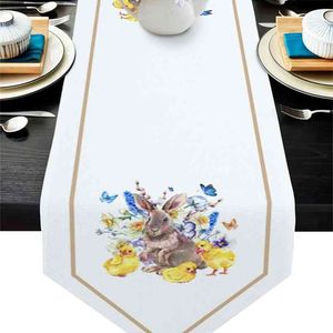 Lente Animal Bunny Chick Butterfly Flower Table Runners Moderne Doeken Party Decor Runner Pasen-decoraties voor Home 210708