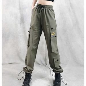 Printemps armée vert Cargo pantalon femme Streetwear décontracté pour les femmes ruban pantalon ample taille haute pantalons de survêtement 210531
