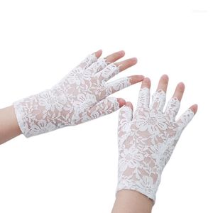 Llegada de primavera 3 colores Fiesta Sexy Mujeres Lady Guantes de encaje Mitones Accesorios Sin dedos Negro Blanco Beige1