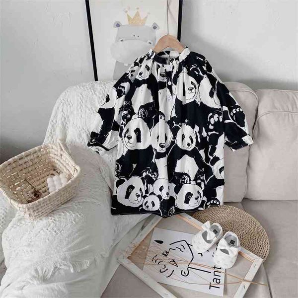 Llegada de primavera Niñas Manga larga Panda Vestido Niños Vestidos de algodón Ropa de bebé coreano 210528