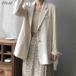 Printemps Arrivée Bureau Dames Casual Solid Beige Blazer Femmes Vintage Simple Boutonnage Costume Lâche Veste De Mode 210430