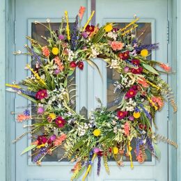 Couronne artificielle de printemps, guirlande de fleurs sauvages d'été pour porte d'entrée, mur de maison, fête de mariage, décoration de ferme de vacances