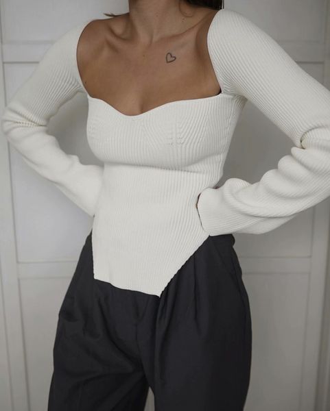Suéter de punto blanco asimétrico de primavera para mujer, blusa ceñida de manga larga Sexy, prendas de punto básicas negras para mujer, Tops, suéteres 210521