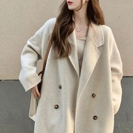 Printemps automne veste épaissie coupe-vent chaud femmes double boutonnage trench-coat avec poches à revers manches longues mi-longueur 240202