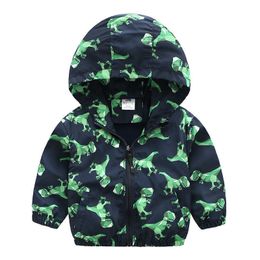 Lente herfst 2-10 jaar kinderen uitloper cartoon dier dinosaurus print rits baby kinderen knappe hooded jas voor jongens 210529