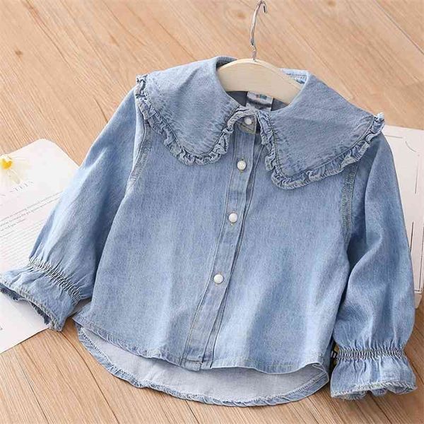 Primavera otoño 2 3 4 5 6 8 10 años ropa para niños cuello vuelto manga larga blusa de mezclilla camisa para niños bebés niñas 210701