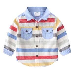 Lente herfst 2-8 10 12 jaar lange mouw zak kleurrijke gestreepte kleur patchwork katoen baby kinderen jongen shirts voor kinderen 210701