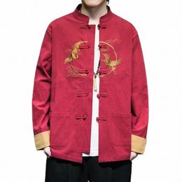 Primavera Otoño 2024 Estilo chino Cott Linen Crane Camisa bordada Tang Traje Grande Retro Chaqueta de moda Abrigo d3z7 #