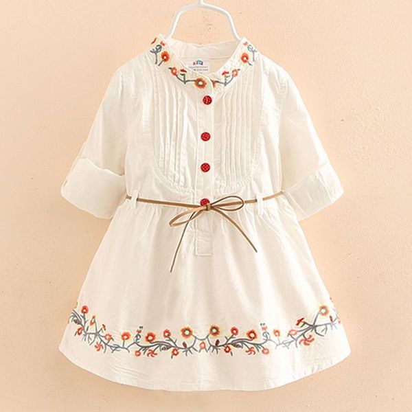 Printemps Automne 3-12 Âges Enfants Broderie Floral Manches Longues Et Courtes Double Usage Blanc Robe Élégante Princesse Fille Avec Ceinture 210303