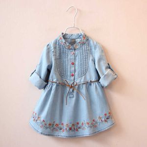 Printemps Automne 3-12 Âges Enfants Broderie Fleur À Manches Longues Et À Double Usage Denim Bleu Robe Élégante Pour Fille Avec Ceinture 210529