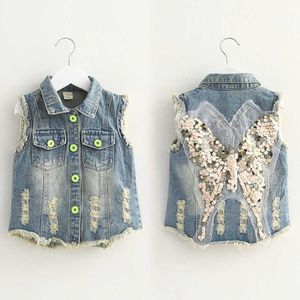 Printemps Automne 3 4 5 6 7 8 10 Ans Enfants Glitter Décoration Dessin Animé Mignon Denim Bleu Gilets Gilet Pour Enfants Bébé Filles 210529