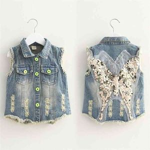 Printemps automne 3 4 5 6 7 8 10 ans enfants paillettes décoration dessin animé mignon denim bleu gilets gilet pour enfants bébé filles 210701