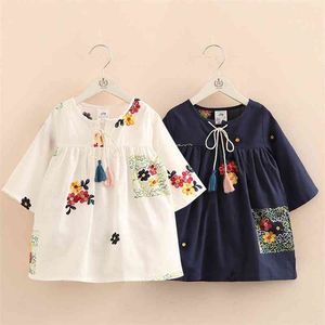 Lente Herfst Aankomst 2-12T Kinderen Kinderkleding Blauw Wit Kleur Lange Tops Baby Meisjes Kwasten Losse Blouses Shirt 210701