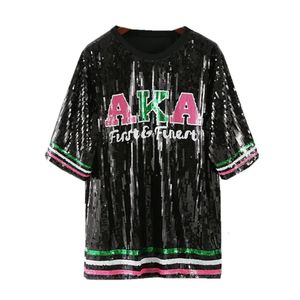 Printemps Automne Arrivée Européenne Amérique Hiphop Filles Streetwear AKA Rayures Drôles Femmes T-shirts Paillettes Tops Punk Tee Robe 240118