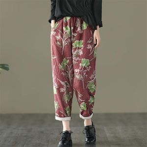 Printemps Automne Arts Style Femmes Taille Élastique Coton Lin Sarouel Vintage Imprimer Lâche Casual Femme Pantalon V2 210512