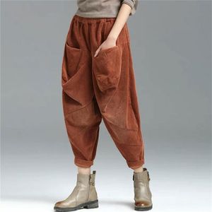 Lente herfst arts stijl vrouwen elastische taille losse katoenen corduroy broek plus size femme vintage harem v43 210512