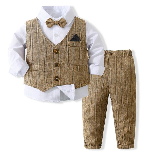 Printemps automne bébé garçon Gentleman costume chemise avec nœud papillon gilet pantalon 3 pièces formel enfants vêtements ensemble 240318