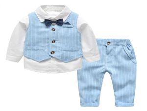 Lente Herfst Baby Boy Gentleman Pak Wit Shirt met Strik TieStriped VestTrousers 3 Stuks Formele Kinderkleding Set24102367225