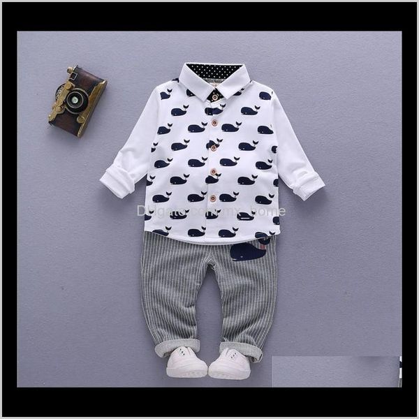 Printemps Automne Bébé Garçons À Manches Longues Baleine Imprimé Chemises Pantalon À Rayures 2 Pcs Ensemble Enfants Costume Décontracté Garçon Tenues 4 Setslot Jaran Vêtements Se St73H