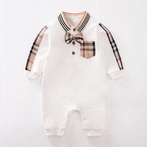 Lente herfst Baby Boys Plaid Rompers Leuke pasgeboren jumpsuits met lange mouwen met bowknot peuter turn-down kraag onesies babykleding