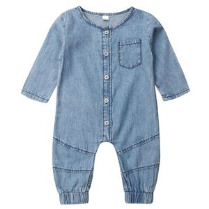 Printemps automne bébé vêtements à manches longues barboteuse denim solide combinaison poche tenues nouveau-né enfants bébé fille garçon vêtements 210312