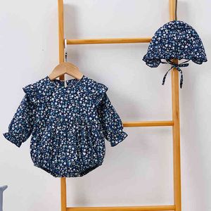 Lente herfst baby meisje floral fly mouw rompertjes en hoed lange mouwen geboren kleding 210429