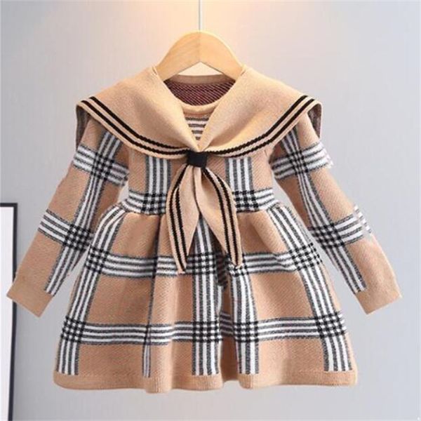 Primavera outono bebê meninas camisola de malha vestidos moda estilo preppy crianças vestido de manga longa casaco gola crianças vestido de princesa