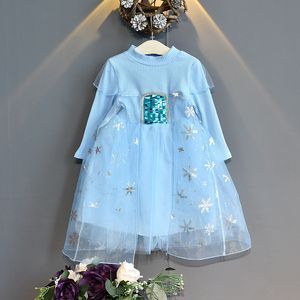 Printemps automne bébé filles robe de princesse couleur bleue fille jupes à paillettes enfants tutu robes avec flocon de neige