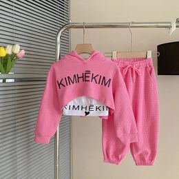 Printemps Automne Bébé Filles Gaufre Alphabet Crop HoodieDrawstring SweatpantTee Tops Enfants Survêtement Enfant 3PCS Outfit Ensembles 19 Ans 240131