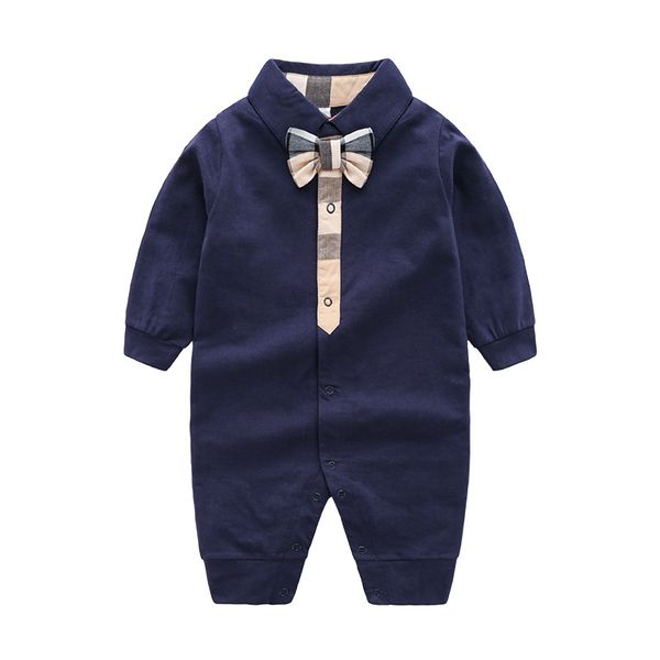 Barboteuse pour bébé, couleurs blanc/marine, manches longues, carreaux, nœud papillon, 100% coton, combinaisons pour nouveau-né garçon et fille, pyjama pour enfants de 0 à 24 mois, printemps/automne