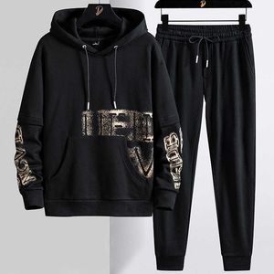 Printemps automne noir surdimensionné hommes survêtement 2021 bande nouveau sweat à capuche + pantalon de survêtement 2 pièces ensemble hommes Streetwear décontracté survêtements 8XL X0909