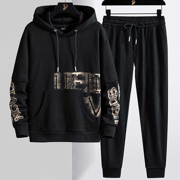 Primavera otoño negro de gran tamaño chándal para hombres 2021 banda nueva sudadera con capucha + pantalones de pista conjunto de 2 piezas hombres streetwear casual trajes de sudor 8xl x0909