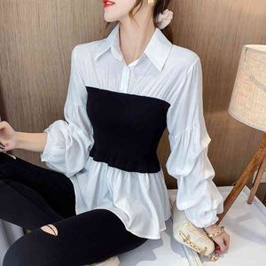 Lente herfst blouse shirt vrouwelijke vintage mode lange mouwen gebreide gestikte witte effen kleur vrouwen top 957e 210420