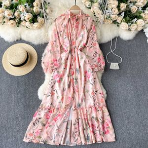 Printemps Automne Bohème Femmes Floral Mousseline De Soie Longue Robe Rose Fleur Imprimé Robe Élégante Col Montant Simple Boutonnage Plage Boho Y0603