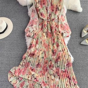 Printemps Automne Bohème Femmes Tie Dye Imprimé Robe Longue Plissée Boho Col Montant Manches Bouffantes Taille Haute Drapé Maxi Robe 220531