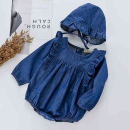 Printemps Automne Né Mignon Bébé Garçons Filles Cowboy À Manches Longues Barboteuses Et Chapeau Vêtements Enfant Combinaisons 210429