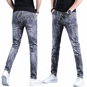 Lente Herfst Boyfriend Lg Skinny Jeans Man Koreaanse Fi Designer Kpop Punk Star Print Denim Luxe Stretch Strakke Broek Mannen f852 #