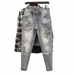 Printemps Automne Boyfriend Jeunesse Élégant Denim Designer Impression Graphique Li Hot Drill Casual Gris Slim Cargo Hommes Jeans Pantalon Mâle I3bz #