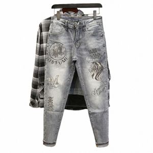 Primavera Otoño Novio Juventud Con estilo Denim Diseñador Impresión Gráfico Li Hot Drill Casual Gris Slim Cargo Hombres Jeans Pantalones Masculino I3bz #